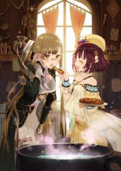 Rule 34 | 2girls, ^ ^, atelier (series), atelier sophie, bare shoulders, beret, brown eyes, brown hair, cauldron, closed eyes, curtains, feeding, female focus, flower, food, glasses, gloves, hair lift, hair ornament, hairpin, half updo, hand on own ear, hand on own knee, hat, highres, indoors, jewelry, leaning forward, light brown hair, long hair, midriff, monika ellmenreich, multiple girls, navel, necklace, noco (adamas), official art, open mouth, pants, pearl necklace, pie, potion, red hair, short hair, skirt, smile, sophie neuenmuller, sparkle, test tube, very long hair, wrist cuffs