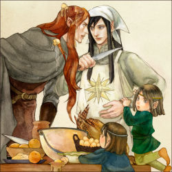 Rule 34 | 4boys, aged down, apron, arm grab, bandana, black hair, brothers, child, cloak, cooking, egg, elladan, elrohir, elrond, elros, eye contact, food, food on clothes, food on head, knife, lomacchi, long hair, looking at another, maedhros, maglor, male focus, middle earth, multiple boys, object on head, orange hair, pointy ears, siblings, the lord of the rings, the silmarillion, tolkien&#039;s legendarium, tolkien's legendarium