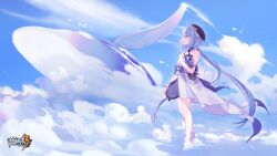 Rule 34 | 1girl, ahoge, animal, bare legs, bare shoulders, barefoot, beret, bird, black hat, blue sky, breasts, chinese commentary, cloud, cloudy sky, day, dress, griseo, griseo (starry impression), hat, highres, honkai (series), honkai impact 3rd, logo, official art, official wallpaper, sky, small breasts, solo, whale, white dress