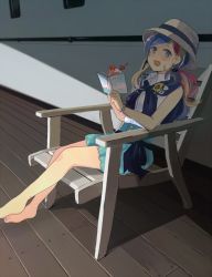 Rule 34 | 10s, 1girl, :d, alternate costume, annin musou, aqua skirt, bad id, bad twitter id, barefoot, blonde hair, blue eyes, blue hair, book, commandant teste (kancolle), commentary request, deck chair, hat, highres, holding, holding book, kantai collection, long hair, multicolored hair, nail polish, open mouth, red hair, shirt, sitting, skirt, sleeveless, sleeveless shirt, smile, solo, streaked hair, toes, white background, white shirt