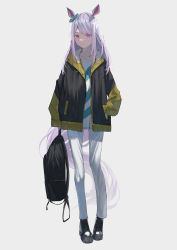 Rule 34 | 1girl, 38 (sanjuuhachi), absurdres, arm at side, backpack, bag, black footwear, black jacket, boots, bow, closed mouth, ear bow, full body, grey background, hand in own hair, highres, holding, holding bag, horse girl, jacket, long hair, looking at viewer, mejiro mcqueen (umamusume), open clothes, open jacket, panties, platform boots, platform footwear, purple eyes, purple hair, shirt, simple background, smile, solo, standing, striped clothes, striped shirt, umamusume, underwear, white panties, white shirt