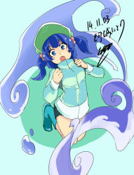 Rule 34 | 1girl, alternate costume, artist name, backpack, bag, blue eyes, blue hair, blush, blush stickers, boots, dated, hair bobbles, hair ornament, hat, irue, jacket, kawashiro nitori, legs up, long sleeves, looking at viewer, matching hair/eyes, open mouth, rubber boots, short hair, shorts, signature, solo, touhou, twintails, two side up, water drop