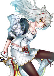 Rule 34 | 1girl, absurdres, animal ears, brown pantyhose, camisole, cat ears, chakram, cowboy shot, gloves, half gloves, highres, midriff peek, miniskirt, mio (xenoblade), pantyhose, skirt, solo, spaghetti strap, weapon, white camisole, white gloves, white skirt, xenoblade chronicles (series), xenoblade chronicles 3, yellow eyes, you nf