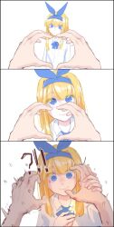 Rule 34 | !?, 1girl, 3koma, absurdres, blonde girl (popopoka), blonde hair, blue bow, blue bowtie, blue eyes, blue hairband, bow, bowtie, comic, commentary, english commentary, grabbing another&#039;s hand, hairband, heart, heart hands, highres, long hair, looking at viewer, meme, original, popopoka, portrait, serious, simple background, smile, solo focus, upper body, white background