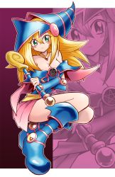 1girl blonde_hair blue_dress blue_footwear blue_hat blush_stickers breasts cape cleavage crossed_arms dark_magician_girl dress full_body green_eyes hair_between_eyes hat highres holding holding_wand long_hair pentagram pink_skirt skirt solo usoco wand wizard_hat yu-gi-oh! yu-gi-oh!_duel_monsters