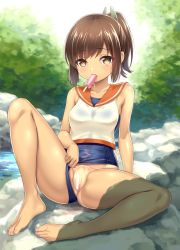 Rule 34 | 1girl, bar censor, blouse, blue one-piece swimsuit, blush, breasts, brown eyes, brown hair, censored, dirty, dirty clothes, food, forest, full body, hair ornament, i-401 (kancolle), kantai collection, kase daiki, looking at viewer, nature, one-piece swimsuit, open mouth, outdoors, ponytail, popsicle, pussy, sailor collar, school swimsuit, shirt, short hair, short ponytail, sitting, sleeveless, sleeveless shirt, small breasts, solo, swimsuit, swimsuit under clothes, tree, white shirt