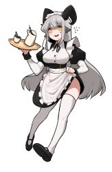 Rule 34 | 1girl, absurdres, animal ears, belt, bolt (min lona), breasts, clothes lift, coffee, coffee mug, cup, curved horns, full body, grey hair, hand on own hip, highres, horns, kettle, large breasts, long hair, long sleeves, maid, maid headdress, min lona, mug, nervous, original, shoes, skirt, skirt lift, socks, sweatdrop, tray, white background, white socks, yellow eyes