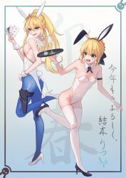 Rule 34 | 2girls, absurdres, ahoge, animal ears, arm strap, artoria pendragon (all), artoria pendragon (fate), artoria pendragon (swimsuit ruler) (fate), backless leotard, bare arms, bare shoulders, black bow, black footwear, blonde hair, blue pantyhose, bow, bra, braid, breasts, card, clumsy, commentary, covered navel, crown braid, detached collar, english commentary, fake tail, fate/grand order, fate (series), fishnet pantyhose, fishnets, from side, full body, green eyes, groin, hair between eyes, hair bow, high heels, highleg, highleg leotard, highres, holding, holding card, holding tray, holster, leotard, long hair, looking at viewer, medium breasts, multiple girls, open mouth, pantyhose, playboy bunny, playing card, ponytail, pumps, rabbit ears, saber (fate), saber lily, sideboob, small breasts, soymilk26, strapless, strapless leotard, sweatdrop, tail, thigh holster, tiara, tray, underwear, v-shaped eyebrows, white footwear, white leotard, wrist cuffs