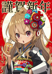 Rule 34 | 1girl, :o, absurdres, aisaka taiga, black kimono, brown eyes, brown hair, chinese zodiac, commentary request, dated, doughnut hair ornament, food-themed hair ornament, hair between eyes, hair ornament, hand up, happy new year, highres, japanese clothes, kimono, kurokawa heuy, long hair, looking at viewer, multicolored background, new year, obi, open mouth, palmtop tiger, red background, sash, tiger, toradora!, translation request, two-tone kimono, upper body, white kimono, year of the tiger