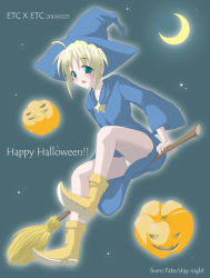 Rule 34 | 00s, 1girl, 2004, alternate costume, artoria pendragon (fate), blonde hair, blue background, copyright name, dated, fate/stay night, fate (series), halloween, happy halloween, jack-o&#039;-lantern, pumpkin, saber (fate), sidesaddle, solo