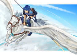 Rule 34 | 1girl, armor, bandaged arm, bandages, blue eyes, blue gloves, blue hair, blue thighhighs, boots, breastplate, cloud, farina (fire emblem), female focus, fire emblem, fire emblem: the blazing blade, flying, gloves, headband, holding, lance, looking at viewer, matching hair/eyes, nintendo, nonji (sayglo halo), pauldrons, pegasus, pegasus knight uniform (fire emblem), polearm, reins, riding, saddle, short hair, shoulder armor, single glove, single pauldron, sky, solo, spear, stirrups (riding), thigh boots, thighhighs, weapon, white wings, wings, zettai ryouiki