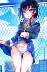 Rule 34 | 1girl, :o, absurdres, black hair, blue eyes, blue hair, blue shirt, blue skirt, building, clip studio paint (medium), clothes lift, cloud, fence, gluteal fold, hair between eyes, hair ornament, hairclip, highres, knees out of frame, lifting own clothes, medium hair, multicolored hair, navel, open mouth, original, panties, pleated skirt, rooftop, school uniform, serafuku, shirt, skirt, skirt lift, sky, standing, star (symbol), star hair ornament, striped clothes, striped panties, the0neulost, two-tone hair, underwear, yellow neckwear
