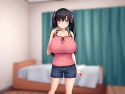 Rule 34 | 1girl, arm at side, bare shoulders, bed, black hair, blue eyes, blurry, blurry background, blush, breasts, cleavage, closed mouth, curtains, female focus, groin, hair between eyes, half-closed eyes, hand up, highres, huge breasts, indoors, legs, looking at viewer, nose blush, original, pink tank top, shorts, smile, solo, standing, tank top, tapisuke, thighs, twintails