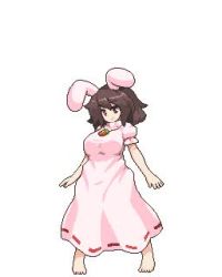 Rule 34 | 1girl, aged up, alternate breast size, animal ears, animated, bad id, bad pixiv id, barefoot, bouncing breasts, bouncing hair, breasts, brown hair, carrot necklace, curvy, dress, hanging breasts, inaba tewi, jewelry, jumping, large breasts, long dress, lowres, namako daibakuhatsu, necklace, pink dress, pixel art, puffy short sleeves, puffy sleeves, rabbit ears, red eyes, short sleeves, solo, touhou, ugoira