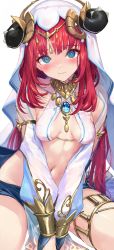 Rule 34 | 1girl, @ @, akasaai, armlet, blue skirt, blush, bracer, breasts, brooch, genshin impact, green eyes, hair ornament, harem outfit, highres, horns, jewelry, long hair, long sleeves, looking at viewer, low twintails, medium breasts, neck ring, nilou (genshin impact), puffy long sleeves, puffy sleeves, red hair, sash, sidelocks, skirt, solo, thighlet, thighs, twintails, veil