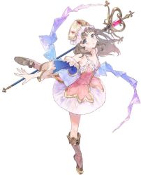 Rule 34 | 1girl, atelier (series), atelier totori, bare shoulders, boots, breasts, brown hair, collarbone, commentary request, cropped jacket, detached sleeves, dress, full body, hat, jacket, knee boots, leg up, long hair, looking at viewer, noco (adamas), official art, open clothes, open jacket, parted lips, short dress, simple background, skirt, small breasts, solo, staff, standing, standing on one leg, totooria helmold, white background