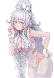 Rule 34 | + +, 1girl, :o, absurdres, animal ear fluff, animal ears, armpit peek, azur lane, bad id, bad pixiv id, blue eyes, blush, bow, braid, breasts, buckle, choker, collarbone, commentary, cowboy shot, fake animal ears, grey hairband, groin, hair bow, hairband, half-closed eyes, hand on own hip, hand up, highleg, highleg leotard, highres, le malin (azur lane), le malin (listless lapin) (azur lane), leaning forward, leotard, long hair, looking at viewer, low twin braids, o-ring, o-ring choker, official alternate costume, paw pose, playboy bunny, rabbit ears, rabbit tail, shionori (bpo o), sidelocks, silver hair, simple background, small breasts, solo, standing, tail, thigh strap, thighhighs, twin braids, very long hair, white background, white bow, white leotard, white thighhighs, wrist cuffs