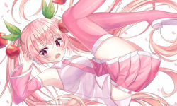 Rule 34 | 1girl, bare shoulders, boots, cherry hair ornament, commentary, detached sleeves, falling, food-themed hair ornament, hair ornament, hatsune miku, legs up, long hair, looking at viewer, miniskirt, necktie, noneon319, open mouth, pink eyes, pink hair, pink necktie, pink skirt, pink sleeves, pink theme, pink thighhighs, pleated skirt, sakura miku, shirt, skirt, sleeveless, sleeveless shirt, solo, thigh boots, thighhighs, twintails, very long hair, vocaloid, white shirt