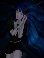 Rule 34 | 1other, black jacket, black necktie, blue hair, closed eyes, commentary, crack, english commentary, gem uniform (houseki no kuni), highres, houseki no kuni, jacket, lapis lazuli (houseki no kuni), lnlil, long hair, necktie, other focus, own hands together, shirt, white shirt