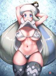 Rule 34 | 1girl, arm behind head, arms up, blue eyes, blue hair, blush, breasts, commentary, covered erect nipples, creatures (company), curvy, eyelashes, foxyreine, fur collar, game freak, gloves, grey hair, grey thighhighs, highres, holding, holding poke ball, large breasts, long hair, looking at viewer, mature female, melony (pokemon), mouth hold, multicolored hair, navel, nintendo, partially fingerless gloves, patreon logo, patreon username, poke ball, pokemon, pokemon swsh, shiny skin, signature, solo, streaked hair, thighhighs, ultra ball, watermark, web address, white headwear