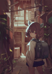 Rule 34 | 1girl, alley, animal ears, backpack, bag, blue skirt, blurry, blurry background, brown hair, building, closed mouth, commentary, cowboy shot, door, fake animal ears, hair between eyes, hands up, headgear, leaf, looking at viewer, looking back, plant, red eyes, shirt, short hair, skirt, solo, touhoku kiritan, voiceroid, white shirt, wide sleeves, yamamomo (plank)