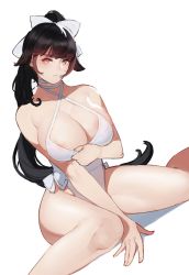 Rule 34 | 1girl, absurdres, areola slip, arm support, azur lane, bad id, bad pixiv id, black hair, bow, breasts, brown eyes, choker, dutch angle, hair bow, hair ribbon, halterneck, highres, large breasts, long hair, looking at viewer, one-piece swimsuit, ponytail, ribbon, sitting, solo, swimsuit, tachibana-san, takao (azur lane), takao (beach rhapsody) (azur lane), wariza, white bow, white one-piece swimsuit
