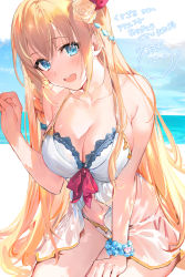 Rule 34 | 1girl, :d, beach, bikini, blue eyes, bracelet, braid, breasts, cleavage, collarbone, commission, cowboy shot, day, detexted, flower, front-tie top, hair flower, hair ornament, hand on own thigh, horizon, jewelry, large breasts, leaning forward, long hair, navel, open mouth, orange hair, outdoors, outside border, pecorine (princess connect!), pecorine (summer) (princess connect!), princess connect!, side-tie bikini bottom, side braid, sidelocks, skeb commission, smile, solo, swimsuit, third-party edit, umibouzu (niito), very long hair, white bikini