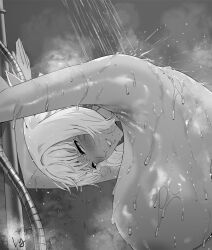 Rule 34 | arm support, bent over, blush, breasts, club3, final fantasy, final fantasy xiv, half-closed eyes, hanging breasts, large breasts, looking at viewer, looking down, monochrome, parted lips, short hair, showering, steam, wet, y&#039;shtola rhul