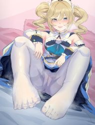 Rule 34 | 1girl, absurdres, armpits, bad id, bad pixiv id, barbara (genshin impact), barefoot, blonde hair, blue eyes, blush, breath, callu jy, cameltoe, cleft of venus, detached sleeves, feet, fingernails, foot focus, genshin impact, hair between eyes, hatching (texture), highres, long hair, open mouth, pillow, pink lips, solo, steam, steaming body, teeth, thighhighs, toenails, twintails, upper teeth only, white headwear, white thighhighs