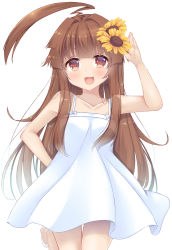 Rule 34 | 10s, 1girl, :3, :d, ahoge, alternate costume, brown eyes, brown hair, casual, collarbone, commentary request, dress, fang, flower, highres, jewelry, kantai collection, ko yu, kuma (kancolle), looking at viewer, open mouth, ring, simple background, smile, solo, spaghetti strap, standing, standing on one leg, sunflower, wedding band, white background, white dress