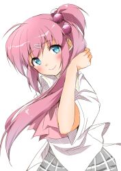 Rule 34 | 1girl, adjusting hair, ahoge, blue eyes, blush, ca2la, closed mouth, commentary request, cowboy shot, dress shirt, eyelashes, eyes visible through hair, floating hair, grey skirt, hair between eyes, hair bobbles, hair ornament, hairclip, hand up, highres, lips, little busters!, long hair, looking at viewer, miniskirt, one side up, plaid, plaid skirt, purple hair, saigusa haruka, school uniform, shirt, short sleeves, side ponytail, simple background, skirt, smile, solo, standing, straight hair, very long hair, white background, white shirt