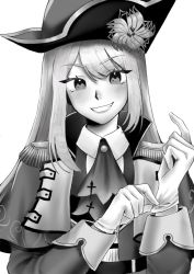 Rule 34 | 1girl, ascot, ban hada, ban hada (1st costume), blush, capelet, collared shirt, commentary, commission, english commentary, glove pull, greyscale, hat, highres, jacket, long hair, looking at viewer, monochrome, nijisanji, nijisanji kr, parted lips, pirate hat, second-party source, shirt, smile, solo, tata (friedcatsu), upper body, v-shaped eyebrows, virtual youtuber, white background