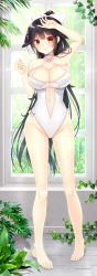 Rule 34 | 1girl, armpits, azur lane, backlighting, barefoot, black hair, bow, breasts, brown eyes, cleavage, collarbone, commentary request, dated, day, full body, hair bow, hair flaps, halterneck, hand on own head, highres, indoors, large breasts, long hair, looking at viewer, navel, one-piece swimsuit, parted bangs, plant, ponytail, ryuuga shou, see-through, solo, standing, swimsuit, takao (azur lane), takao (beach rhapsody) (azur lane), very long hair, white bow, white one-piece swimsuit, window, wooden floor