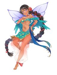 Rule 34 | 1girl, ankle ribbon, anklet, arabian clothes, armband, bandeau, bare shoulders, barefoot, black hair, blue eyes, blue gemstone, blue ribbon, blush, braid, breasts, breasts apart, brown hair, carnation, chichi (omega labyrinth), choker, cross-laced clothes, dark-skinned female, dark skin, earrings, fairy wings, feet, flower, french braid, fringe trim, from side, full body, gem, hair flower, hair ornament, hair ribbon, hand on own hip, hand on own chest, harem pants, highres, jewelry, leg lift, leg ribbon, long hair, looking at viewer, medium breasts, midriff, multi-tied hair, navel, off shoulder, official art, omega labyrinth, omega labyrinth z, open mouth, pants, parted bangs, purple eyes, red flower, red gemstone, red ribbon, ribbon, sarong, see-through, shawl, short eyebrows, simple background, single braid, solo, strapless, swept bangs, tassel, teeth, tousaki umiko, underboob, very long hair, white background, wings, wristband