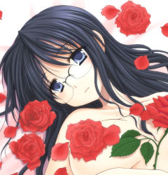 Rule 34 | 1girl, azuma yuki, black eyes, black hair, flower, glasses, imai yuka, lying, mama wa doukyuusei, rose, solo, topless