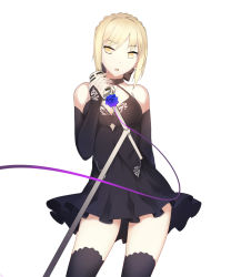 Rule 34 | 1girl, absurdres, artoria pendragon (all), artoria pendragon (fate), black dress, black thighhighs, blonde hair, collar, collarbone, detached sleeves, dress, fate/stay night, fate (series), highres, holding, holding microphone, horz, microphone, saber (fate), saber alter, simple background, solo, thighhighs, white background, yellow eyes