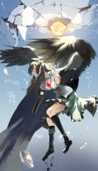 Rule 34 | arm cannon, asymmetrical footwear, atom, bird wings, black legwear, black wings, blouse, bow, brown hair, cape, capelet, collared shirt, control rod, crack, floating, frilled skirt, frills, from side, full body, green bow, green skirt, grin, hair bow, hand up, highres, index finger raised, leaning forward, long hair, looking at viewer, looking to the side, medium skirt, mismatched footwear, namusan1146, outstretched arm, red eyes, reiuji utsuho, shirt, shoes, short sleeves, sidelocks, single shoe, skirt, smile, smirk, socks, starry sky print, sun, third eye, touhou, uneven footwear, weapon, white cape, white shirt, wing collar, wings