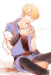 Rule 34 | 1boy, alternate costume, blonde hair, cigarette holder, japanese clothes, male focus, one piece, ponytail, sanji (one piece), short tail, sitting, tail, yamsong