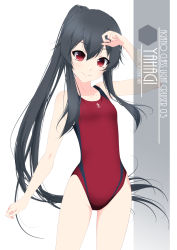 Rule 34 | 1girl, alternate breast size, artist name, black hair, character name, competition swimsuit, cowboy shot, flat chest, highres, inaba shiki, kantai collection, long hair, looking at viewer, one-hour drawing challenge, one-piece swimsuit, ponytail, red eyes, red one-piece swimsuit, scrunchie, sidelocks, simple background, solo, standing, swimsuit, white background, yahagi (kancolle)