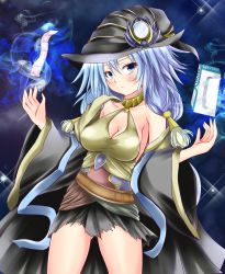 Rule 34 | 1girl, andrew (duel angel), blue eyes, blue hair, blush, breasts, cleavage, condom, detached sleeves, duel monster, erial priestess of the nekroz, eyebrows, eyelashes, female focus, hat, hat ornament, highres, looking at viewer, mirror, solo, wizard hat, yu-gi-oh!, yuu-gi-ou, yu-gi-oh! duel monsters