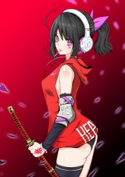 Rule 34 | 1girl, ahoge, anraku cho, ass, black hair, black panties, black thighhighs, bow, bracelet, breasts, cable, candy, detached sleeves, elbow pads, facial tattoo, food, from side, hair bow, headphones, heart, highres, hood, hood down, hoodie, jewelry, katana, lollipop, looking at viewer, medium breasts, no pants, original, panties, petals, pink bow, pink eyes, ponytail, red background, scabbard, sheath, sheathed, sidelocks, single thighhigh, sleeveless, sleeveless hoodie, slit pupils, solo, sword, tattoo, thighhighs, underwear, weapon