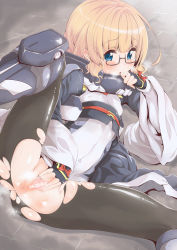 Rule 34 | 1girl, adele balfetto, anus, blonde hair, blue eyes, blush, bodysuit, bow, breath, censored, covered erect nipples, female masturbation, fingerless gloves, flat chest, glasses, gloves, kyoukaisenjou no horizon, long hair, masturbation, neyonsan, nipples, pantyhose, pussy, solo, spread pussy, sweat, torn clothes, torn pantyhose