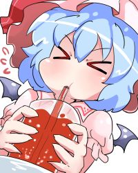 Rule 34 | &gt; &lt;, 1girl, bat wings, blowing, blue hair, blowing bubbles, chibi, closed eyes, cup, dress, drinking glass, drinking straw, flying sweatdrops, hat, hat ribbon, mob cap, nobu baka, pink dress, puffy short sleeves, puffy sleeves, remilia scarlet, ribbon, short sleeves, solo, touhou, upper body, wings