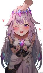 Rule 34 | 1girl, arm garter, armlet, bare shoulders, black corset, blush, breasts, chest jewel, corset, crown, crystal, detached collar, detached sleeves, disembodied hand, dress, gem, grey hair, hand on another&#039;s head, headpat, headpiece, highres, hololive, hololive english, jewelry, koseki bijou, koseki bijou (1st costume), kotodekun, long hair, medium dress, one eye closed, open mouth, purple eyes, purple gemstone, single detached sleeve, small breasts, smile, solo focus, strapless, strapless dress, underbust, very long hair, virtual youtuber, white background, white dress, white sleeves