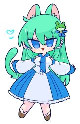 Rule 34 | 1girl, :3, animal ears, bell, blue eyes, blue skirt, cat ears, cat girl, cat tail, collared shirt, detached sleeves, frog hair ornament, geta, green hair, hair ornament, hair tubes, highres, jingle bell, kochiya sanae, long hair, long skirt, nontraditional miko, op na yarou, outstretched arms, shirt, simple background, single sidelock, skirt, sleeveless, sleeveless shirt, snake hair ornament, solo, tail, touhou, v-shaped eyebrows, white background, white shirt