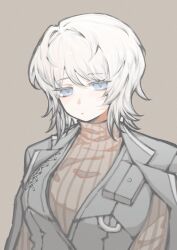 Rule 34 | 1girl, black coat, black vest, blue eyes, brown background, brown sweater, closed mouth, coat, coat on shoulders, faust (project moon), highres, limbus company, project moon, shan23852196, short hair, simple background, solo, sweater, upper body, vest, white hair