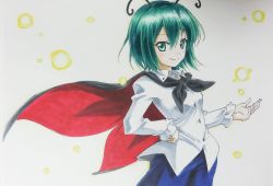 Rule 34 | &gt;:), 1girl, antennae, beluo77, black cape, blue skirt, buttons, cape, closed mouth, collared shirt, fireflies, glowing, green eyes, green hair, hair between eyes, hand on own hip, arthropod girl, long sleeves, looking at viewer, marker (medium), matching hair/eyes, shirt, short hair, skirt, smile, solo, standing, touhou, traditional media, upper body, v-shaped eyebrows, white shirt, wing collar, wriggle nightbug