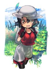 Rule 34 | 10s, 1girl, :d, backpack, bag, black gloves, black hair, black pantyhose, blue sky, brown eyes, bucket hat, commentary request, cropped legs, day, gloves, grass, grey hat, grey shorts, hair between eyes, hat, hat feather, highres, kaban (kemono friends), kemono friends, long hair, looking at viewer, mozu 1oo, open mouth, outdoors, pantyhose, red shirt, shirt, short hair, shorts, sky, smile, solo, standing