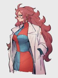 Rule 34 | 1girl, android 21, breasts, checkered clothes, checkered dress, closed mouth, dragon ball, dragon ball fighterz, dress, earrings, glasses, grey background, hands in pockets, hoop earrings, jewelry, kemachiku, lab coat, large breasts, looking away, looking to the side, red ribbon army, simple background, smile, solo