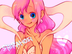 Rule 34 | 1girl, blue eyes, breasts, character name, cleavage, gem, heartima, mermaid, monster girl, one piece, pearl (gemstone), princess, shirahoshi, smile, solo